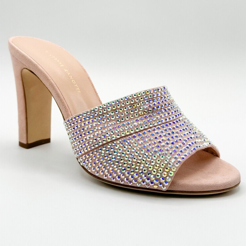 NEW Giuseppe Zanotti Alien 90 Crystal Light Pink Suede Leather Slide Sandal
